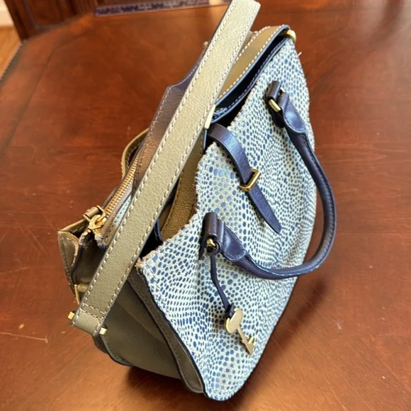 Fossil Olive Navy Dotted Genuine Leather 2-in-1 Satchel Cross Body Bag - Picture 5 of 13
